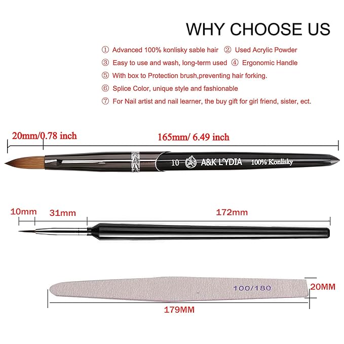 A&K L'YDIA Acylic Nail Brush-2pcs Pure Konlisky Sable hair Crimped Oval Nail Art Brush Black Metal handle with Nail Files for Professional acrylic Application Manicure Crystal Powder Pedicure