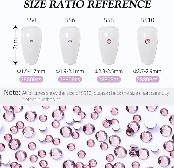 Light Amethyst Flatback Rhinestones, Glass Rhinestones for Nail Art and Craft, Glue Fix, Loose Crystal Gemstones(Lt.Amethyst, SS10, 2880pcs, 2.7-2.8mm)