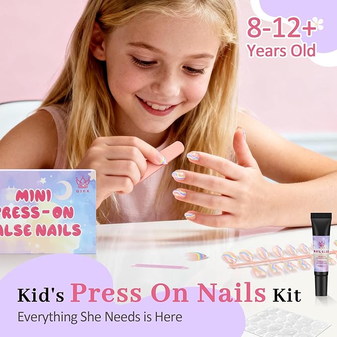 16 Sizes Press on Nails Kit for Kids - 32 Pieces French Almond Fake Nail Tips for Girls 8-12 Years Old with Jelly Nail Adhesives & No-Lamp Nail Glue, Birthday Easter Gifts (Rainbow Flower)
