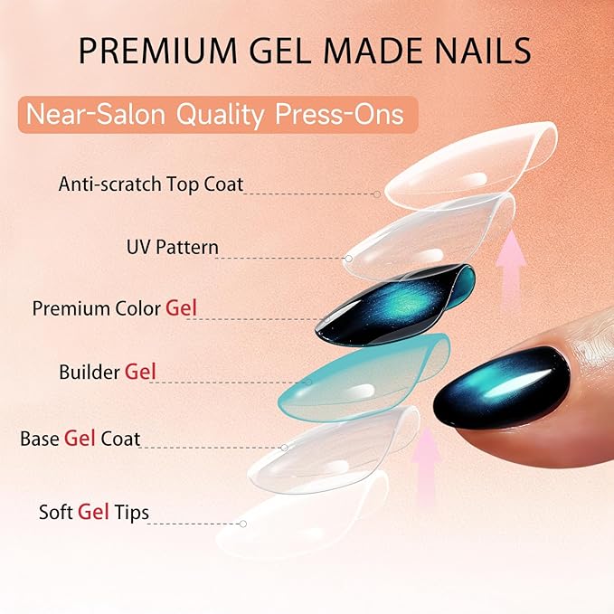 Cat Eye Press on Nails Short, Chrome Press on Nails Oval, Thick Glazed Black Baby Blue Fake Nails Press ons for Women Party Prom, Reusable Glitter Glue On Nails Almond in 15 Sizes, 30 Pcs