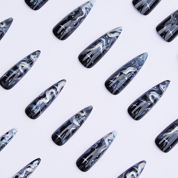 MISUD Press on Nails - Long Stiletto Fake Nails with Black, Acrylic Bling Silver Glitter Design 24 pcs