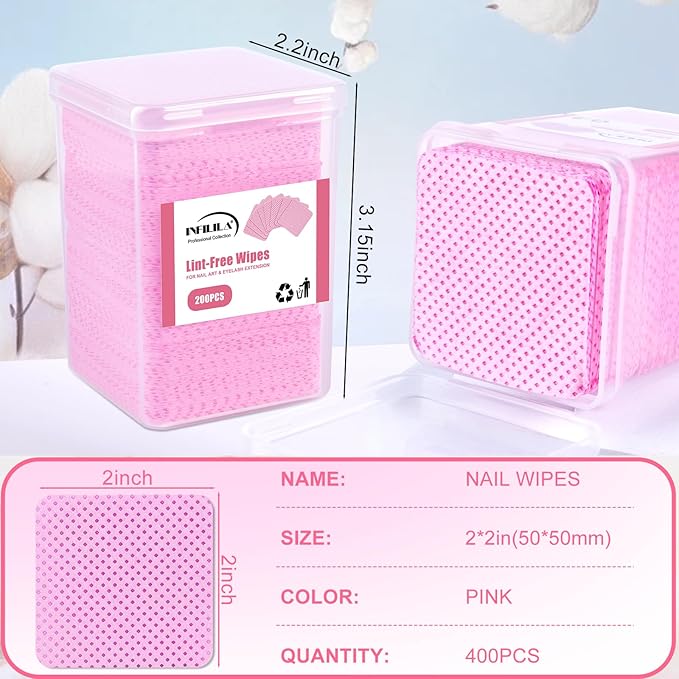 NXJ INFILILA Lint Free Nail Wipes, 400PCS Nail Polish Remover Wipes Super Absorbable Soft Lint Free Cotton Pads Lash Extensions Glue Nails Cleaning Pads for Salon Supplies