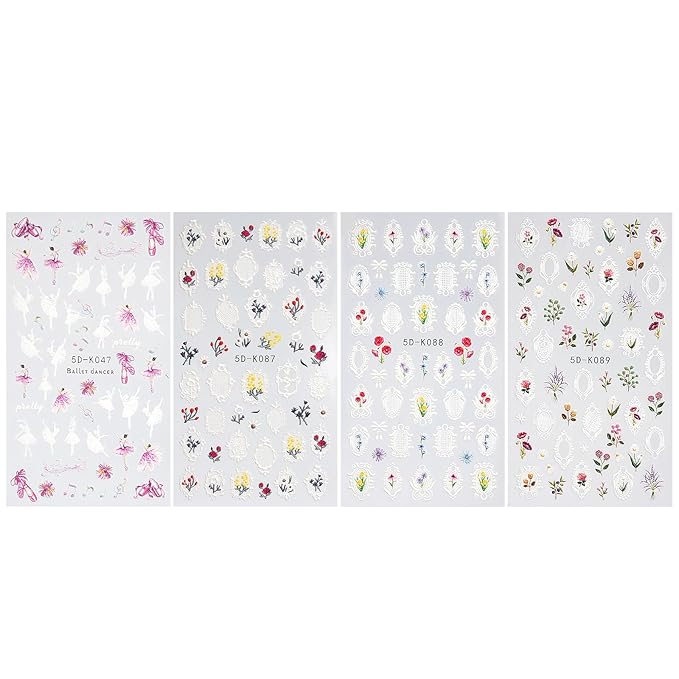 Nail Stickers, 4 Sheets Floral Art Decals, Self-Adhesive 5D Embossed Designs for DIY Manicure