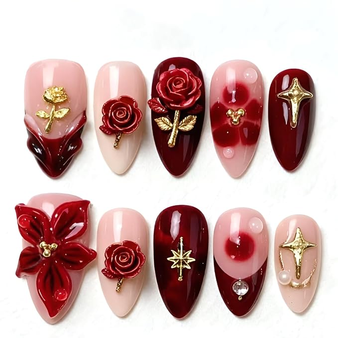 30Pcs Valentines Fake Nails Medium Almond Press on Nails 3D Flower Nails Press Ons wih Rose Design French Tip Glue on Nail Star False Nails Glossy Stick on Nail for Women Decoration Set