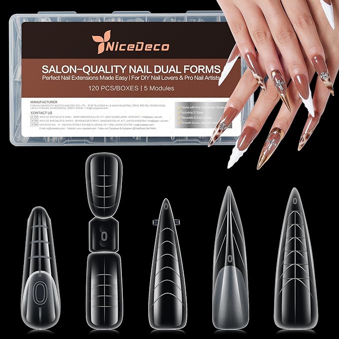 Nicedeco Poly Extension Gel Dual Nail Forms, 120pcs Nail Molds for Builder Extension, 5 Style 12 Size Dual Forms for Gel Nail Tips Nail Art Design Salon DIY Kit 1