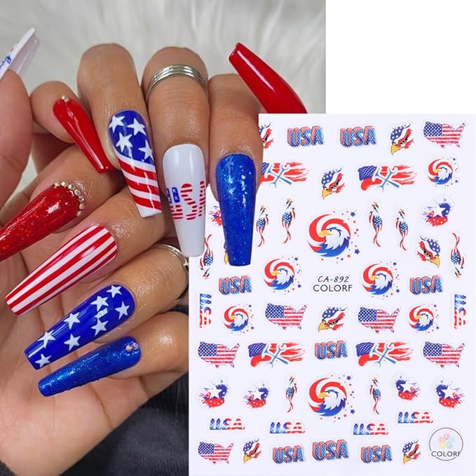 8 Sheets Independence Day Nail Stickers for Nail Art USA 4th of July Nail Decals 3D Self-Adhesive American Flag Patriotic Nail Decoration American Eagle Nail Art Stickers for Women Girls Nail Designs