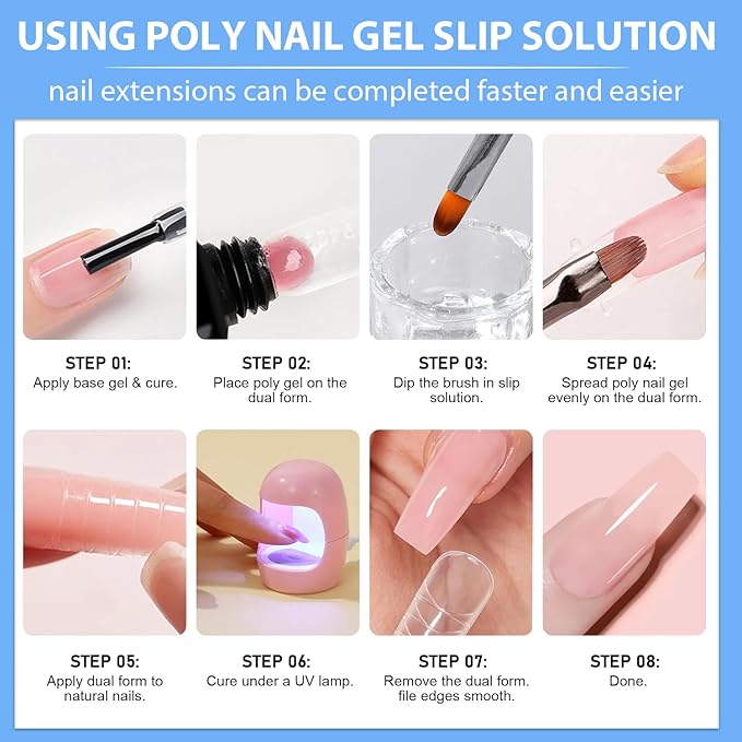 Poly Gel Slip Solution Set, 4Oz Liquid with Dual-Ended Spatula Brush Glass Cup Cotton Pad, Anti-Stick Liquid Brushes Cleaner for Nail Extension Gel