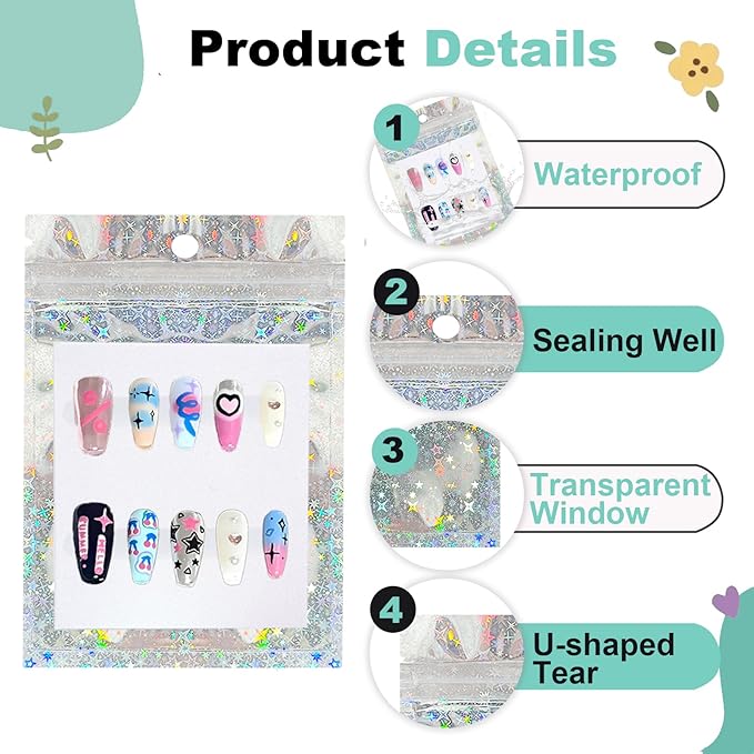 100 PCS Press On Nails Packaging Bag Holographic Nail Storage Bag and 100PCS Shiny White Pearl Card with 7 Sheets Pre-cut Nail Tape (Star)