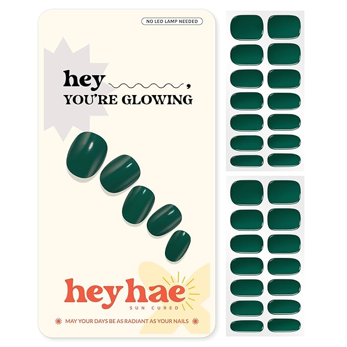 Heyhae Semi Cured Gel Nail Strips | No LED Lamp Needed | Solid, Green | Easy Apply & Remove, Salon Quality | Includes 28 Strips, 1 Prep Pads, Nail File & Wooden stick - Hey, You're Glowing
