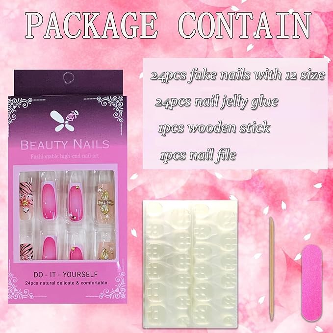 Press on Nails Coffin Long Length Acrylic Glossy Full Cover Square Shaped French False Nails with Designs Artificial Extra Long Fake Nails with Charms Glue ons Fingernails for Women(AS01)
