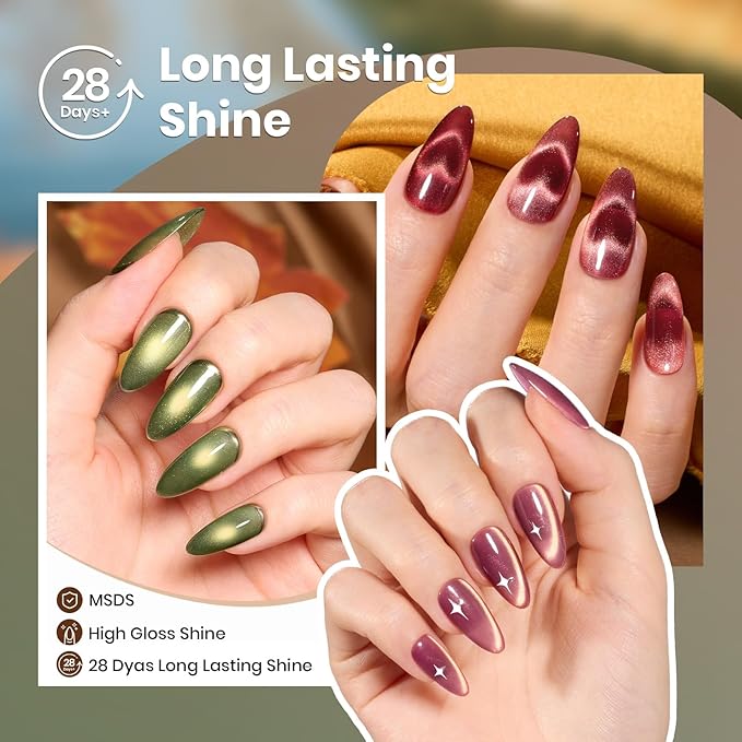 beetles Gel Polish Golden Mirage Cat Eye Gel Nail Polish Set - 6 Colors Glitter Gel Nail Polish Kit Pink Red Green Blue Brown Magnetic Shine Soak Off UV Salon DIY Manicure Gift for Women