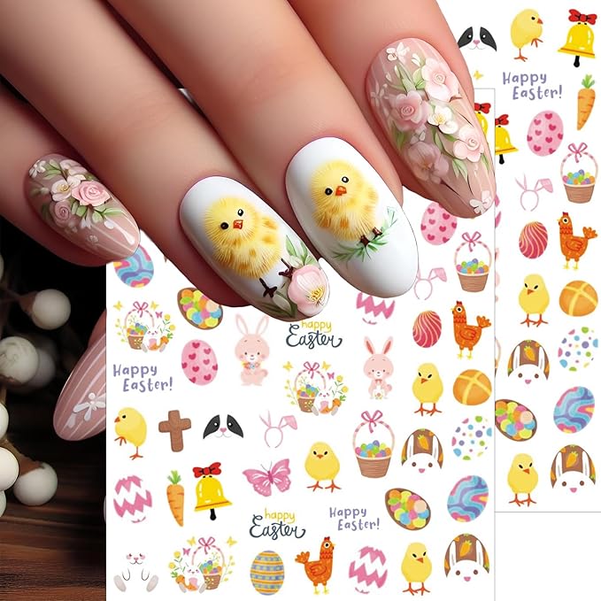 8 Sheets Easter Nail Stickers - 3D Self-Adhesive Easter Egg Bunny Chick Nail Decals - Cute Spring Holiday Nail Art Decorations for Girls Women Perfect Easter Basket Stuffers Gifts Party Favors
