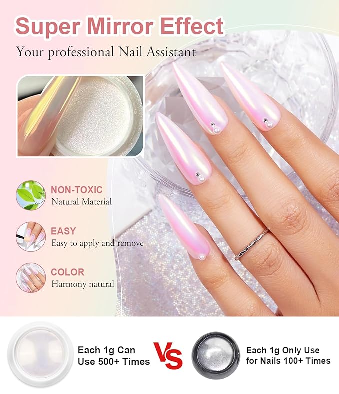 100% Chrome Nail Powder BISHENGYF: Super NO.1 Metallic Effect Chrome Powder For Nails Gold Silver Red Laser Holographic White Pearl Nai l Chrom e Powde r for Nails Art Decoration