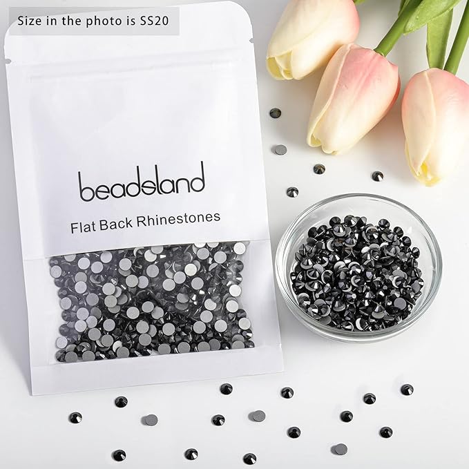 Beadsland Flat Back Crystal Rhinestones Round Gems for Nail Art and Craft Glue Fix, Jet Hematite, 10mm, SS50/144pcs