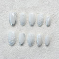 Short Almond Press on Nails Thick Handmade Nails with Glue,5D Lines Luxury Pearl False Nails Flash Designs Milky White Press ons Muti-Layer Gel Handmade Nail for Women Wedding Nail Art(Size S)