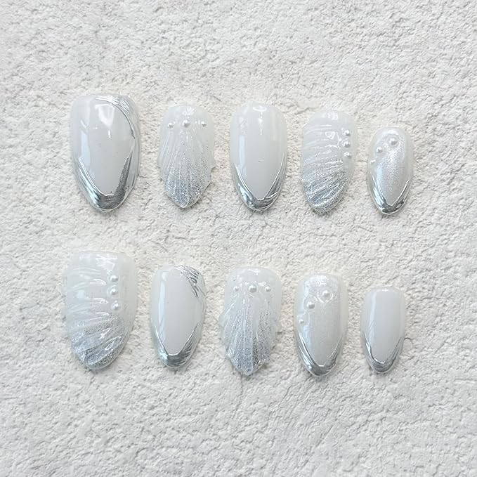 Short Almond Press on Nails Thick Handmade Nails with Glue,5D Lines Luxury Pearl False Nails Flash Designs Milky White Press ons Muti-Layer Gel Handmade Nail for Women Wedding Nail Art(Size S)