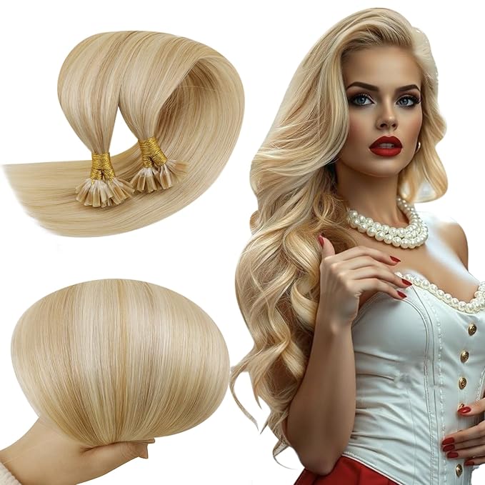 RUNATURE Blonde Hair Extensions U Tip Human Hair Extensions, Hot Fusion K Tip Hair Extensions Real Human Hair, Straight Remy Hair, 14 Inch 50g 50s, #18P613 Ash Blonde Highlights