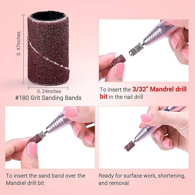 MelodySusie 100 Pcs Professional Sanding Bands Nail Manicure 180 Grit File Sand Piece Set For Nail Drill Bits