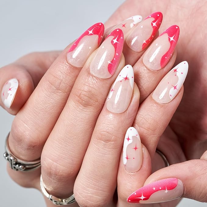 GLAMERMAID Hot Pink French Tip Press on Nails Medium Almond, Nude Jelly Gel Gothic Stiletto False Glue on Nails with Star Desgin for Women, Reusable Short Oval Stick on Acrylic Fake Nail Manicure Set
