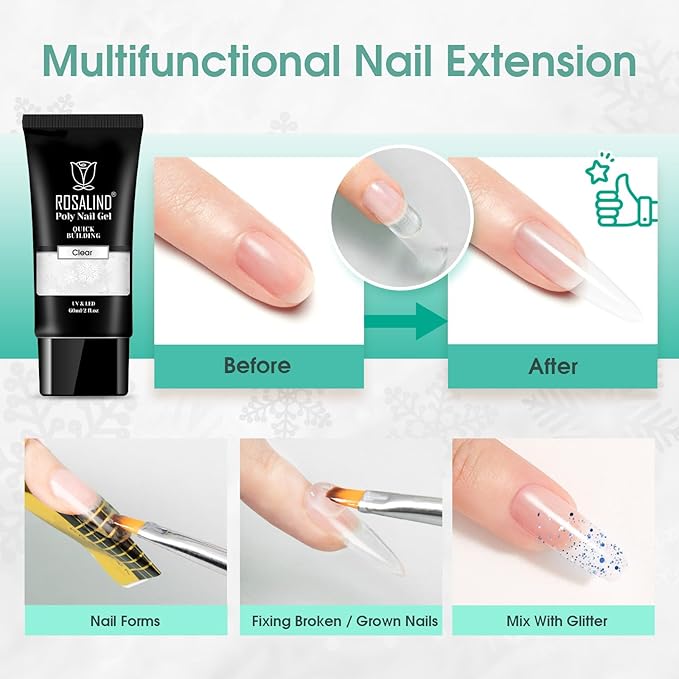 ROSALIND 2 oz Clear Poly Nail Gel - Professional Nail Extension Gel for Long Lasting DIY & Salon Nails, Quick Dry UV/LED Light Cured Transparent Builder Clear Gels Base