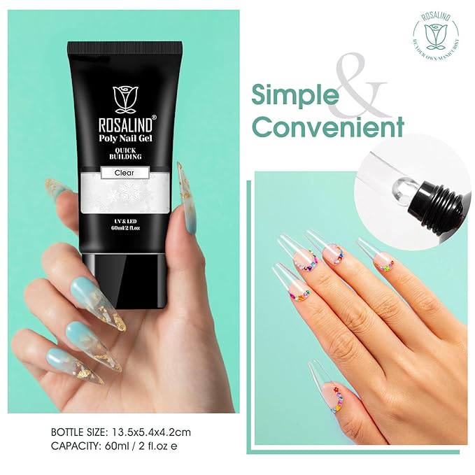 ROSALIND 2 oz Clear Poly Nail Gel - Professional Nail Extension Gel for Long Lasting DIY & Salon Nails, Quick Dry UV/LED Light Cured Transparent Builder Clear Gels Base