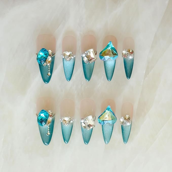 Luxury Long Stiletto Press-On Nails, Turquoise Blue Stiletto with 3D Crystals and Pearls, Handmade False Nail 10 Pieces (Small, LS)
