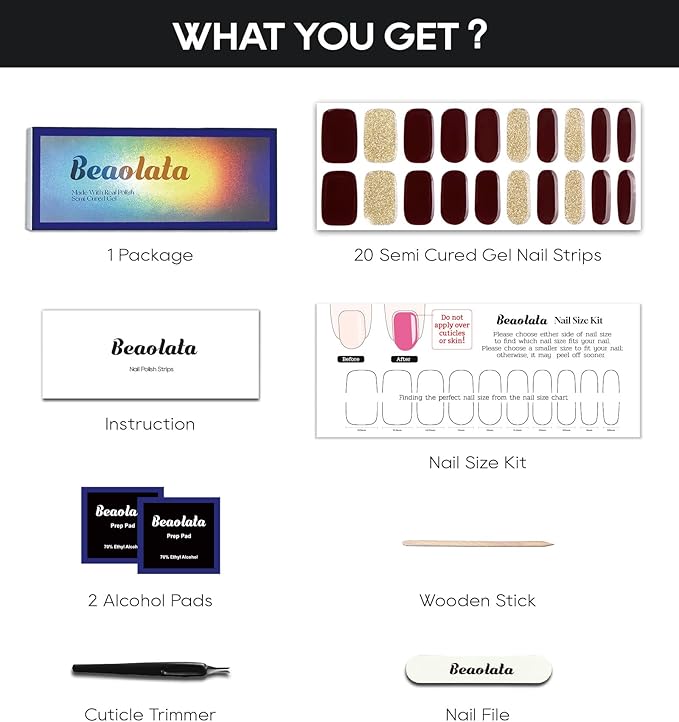 Semi Cured Gel Nail Strips - UV Light Gel Nail Stickers - 20 Long Lasting Salon Quality Wraps (Crimson Aristocrat Red&Gold)