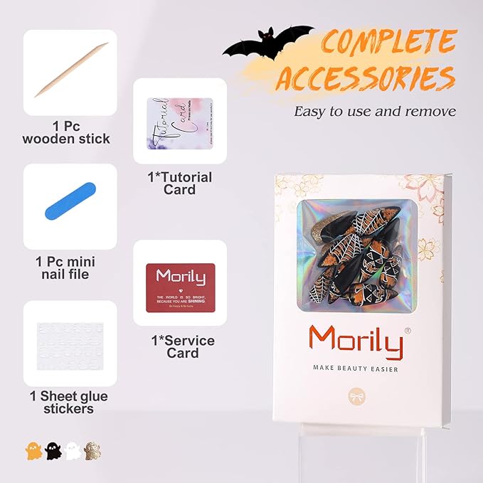Morily Halloween Press on Nails 24Pcs Black Stiletto Fake Nails Medium Length with Pumpkin Spider Web Design Acrylic Artificial Glossy Almond Stick on False Nails for Women (Black Cobweb Gold Glitter)