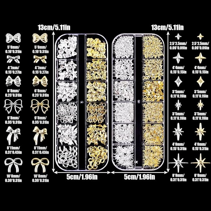 Gold Silver 3D Nail Charms, 2Boxes 24Grids Bow Star Nail Gems Nail Studs,Punk Metal Alloy Rivet Stickers Bowknot Nail Art Decorations Accessories for Nail Art Design DIY Crafts (Gold Silver A)