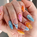 Summer Press on Nails Medium Almond Glue on Nails with Orange Fruit Design 3D Orange Seashell False Nails Ombre Blue White Stick on Nails Glossy Summer Fake Nails for Women Girls Manicure 24Pcs