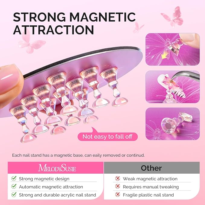 MelodySusie Nail Stand for Press Ons, Super Pink Metal Round With Butterfly Pattern Magnetic Base for Painting Display with Brush Holder And Reusable Double-Sided Tape for Home DIY Salon Supplies