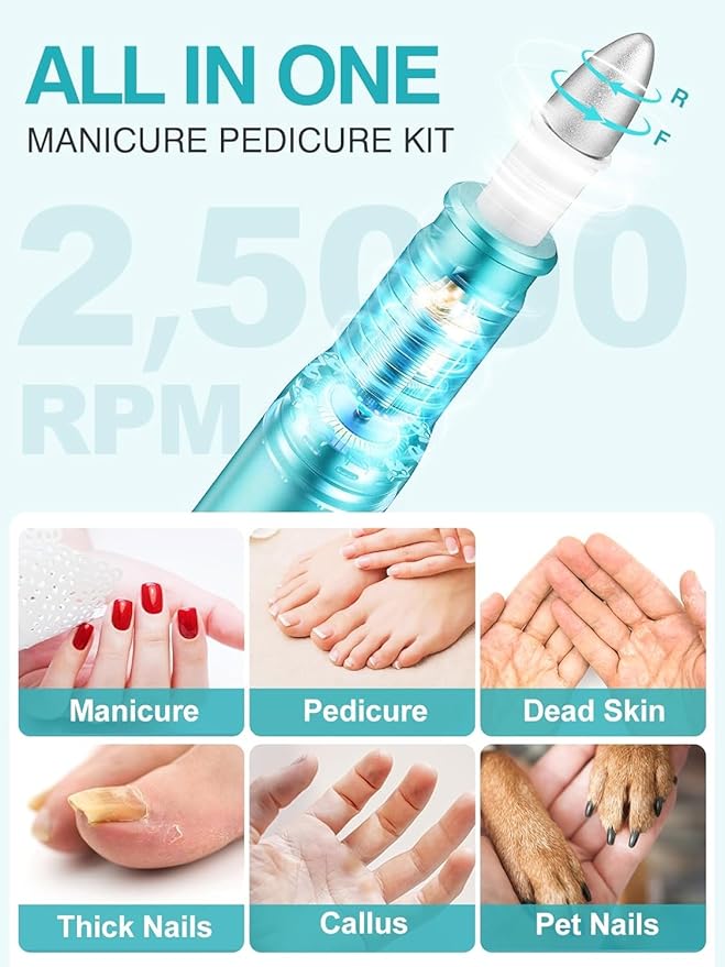 Subay Electric Nail Drill Set, 25000 RPM Professional Manicure Pedicure Kit for Feet Hands Thick Nail Cuticle, 11 in 1 Nail Care Trimmer Buffer E File for Women Men Baby Pets, Green