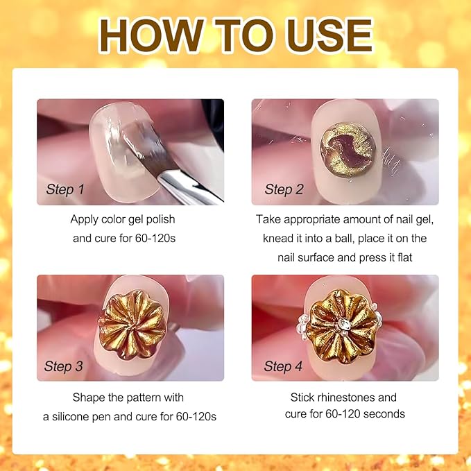 3D Gel Nail Art Kit-Gold Silver Metallic Solid Builder Gel Non-Sticky Hand Sculpting Gels with Silicone Pen for Nail Design Flower Carving Modeling Design