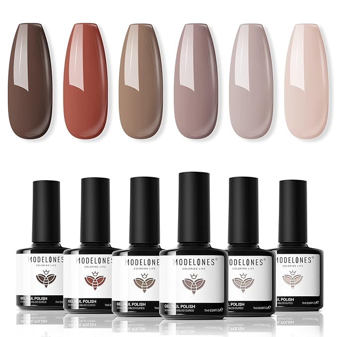 modelones Gel Nail Polish Set - 6 Colors Neutral Nude Brown Gel Polish Caramel Maroon All Skin Tones Nail Gel Polish Kit Soak Off LED Nail Art Manicure DIY Salon Home Gift