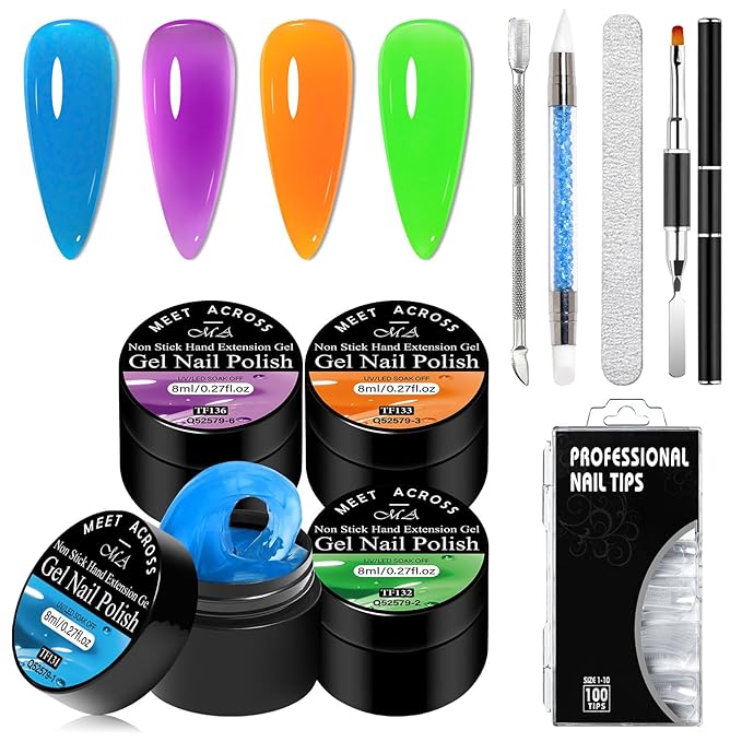 MEET ACROSS 9Pcs Neon 3D Builder Gel Kit for Nail Art Orange Green Blue Purple Non Sticky Hand Carving Extension Solid Builder Gel for Nails with Silicone Pen Manicure Kit 4 Colors