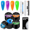 MEET ACROSS 9Pcs Neon 3D Builder Gel Kit for Nail Art Orange Green Blue Purple Non Sticky Hand Carving Extension Solid Builder Gel for Nails with Silicone Pen Manicure Kit 4 Colors