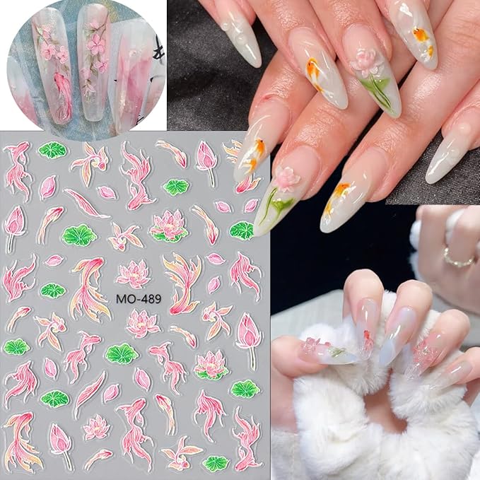 3Pcs Cute Nail Art Stickers Decals 5D Embossed Lucky Koi Fish Nail Stickers Chinese Style Design Loong Phoenix Nails Decals Pink Dragon Manicure Supplies Elegant Spring Nails Art Decorations for Women
