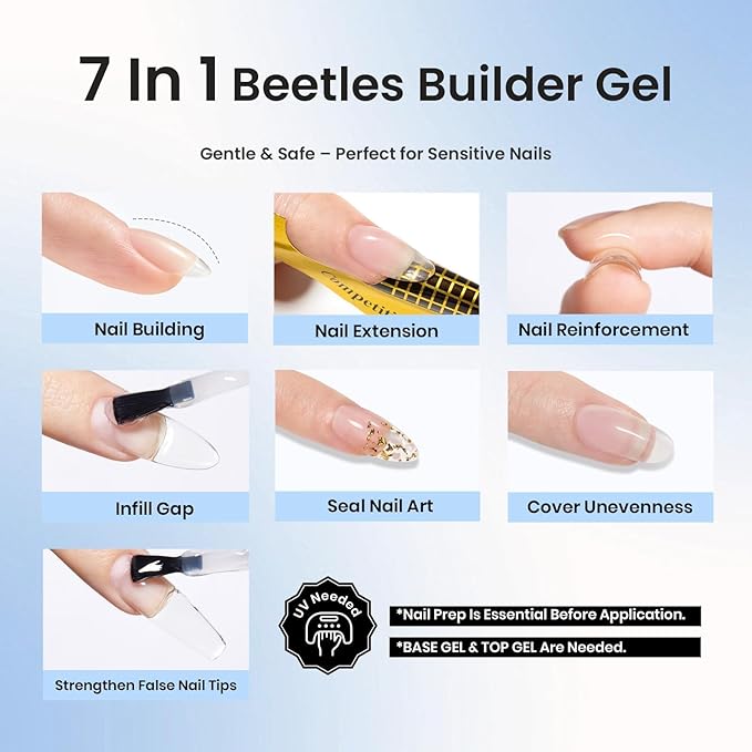 Beetles Low Heat Builder Nail Gel-0.5 oz 7 in 1 Nail Thickening Strengthening Building Apex with Liner Nail Brush for Beginner DIY Salon at Home,Clear Builder Nail Gel,UV & LED Lamp Cured Needed