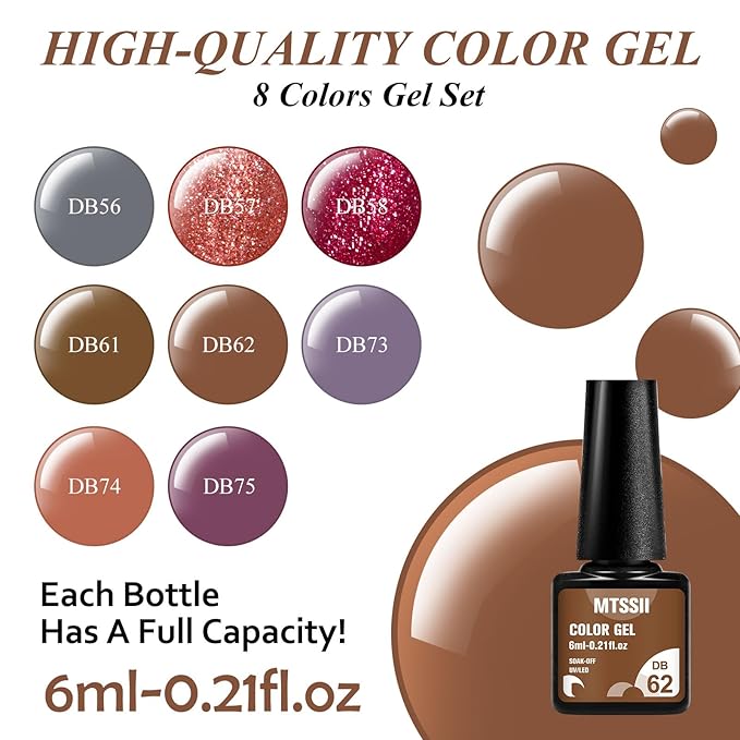 MTSSII Fall Winter Gel Nail Polish Set 8 Colors Brown Red Grey Gel Polish Purple Pink Glitter Soak Off Nail Art Manicure Kit DIY Salon No Wipe Holiday Gift