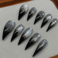 Handmade Press on Nails Silver Glitter Eagle Claw Fake Nails Designs Black French Tip False Nail Full Cover Long Curved Stiletto Stick on Nail Muti-Layer Gel Acrylic Nails for Women (Size S)