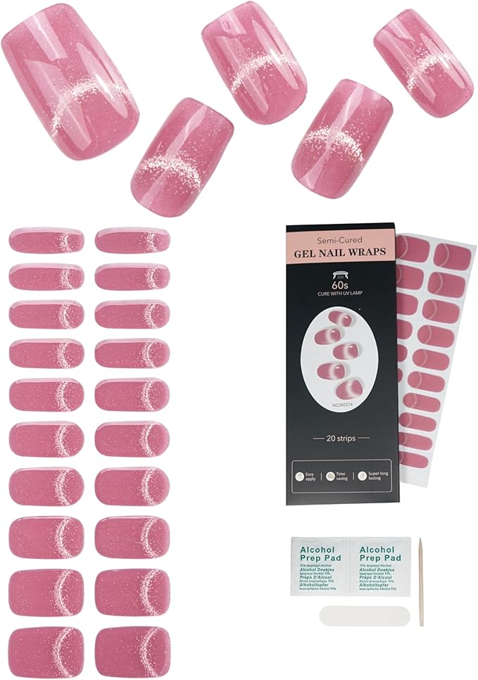 Cat Eye-Inspired 20pcs Semi Cured Gel Nail Strips - Salon-Grade DIY Wraps with Glaze Texture, Easy Application, UV Light Required for Stylish Nails