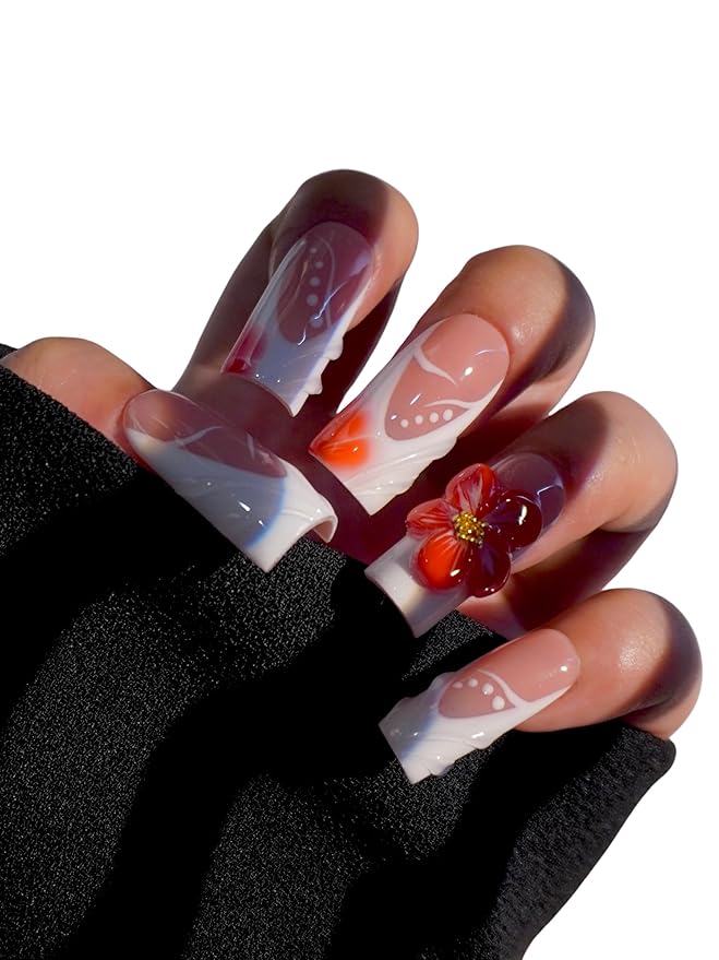 HAND-PAINTED White Press Ons Neon Small Press on Nails Long French Press on Nails Coffin Medium Short Nail art Fake Nail Art Kit with 7g Glue on Nails Handmade Almond Square Nails (Custom, J4)