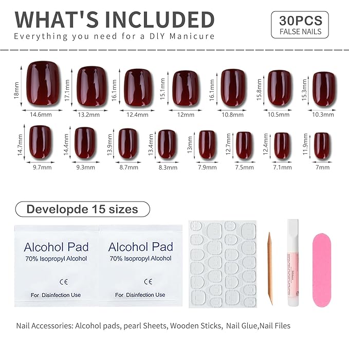Burgundy Press On Nails Short Square Shape, Glossy Gel Finish Acrylic Fake Nails Kit, Reusable Glue On Nails, Long-Lasting, Natural Stick-On Manicure Set for Women, 24pcs DIY Elegant Nails