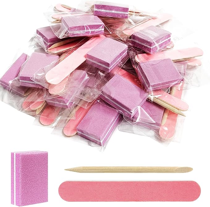Disposable Manicure kit Individually Package, Mini Nail Buffer, Nail File, Wood Stick, Press on Nail Tool Kit for Salon Home (Pink, Count, 20, 80/100 Grit)