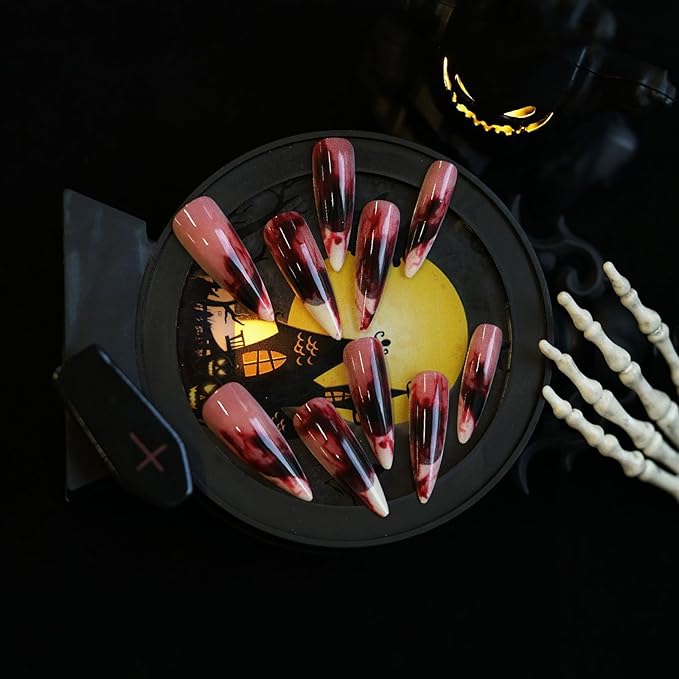 Halloween French Press on Nails, Long Stilettos Fake Nail, Glossy Acrylic False Nails, Stick on Nails with Blood Stains Designs, Glue on Nails for Women and Girls 24Pcs