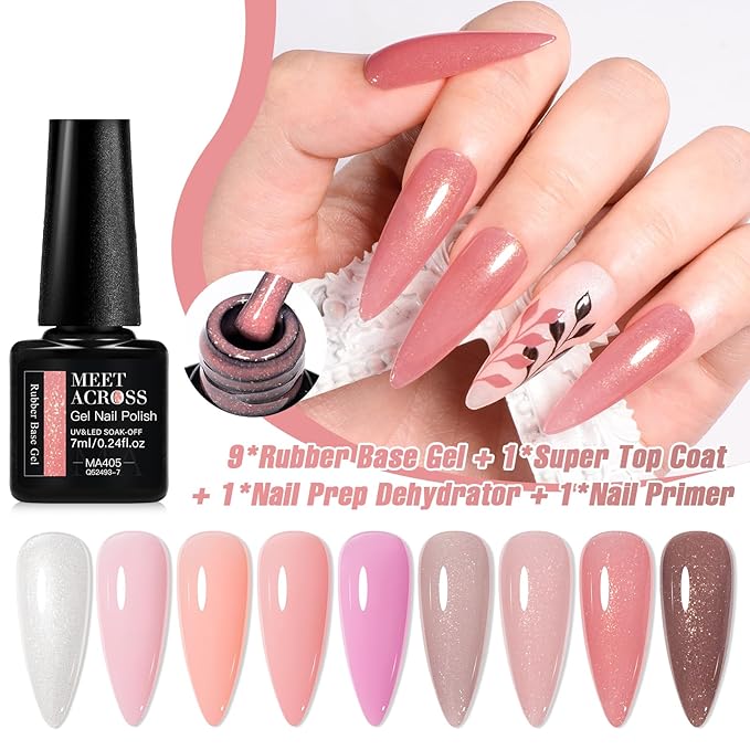 MEET ACROSS Color Base Gel For Nails 12 Pcs, Builder Base Nail Gel Aesthetic Nude Pink Rubber Base Gel Polish with Super Top Coat, Prep Dehydrator and Nail Primer Base Gel Strengthener Gel All-in-1