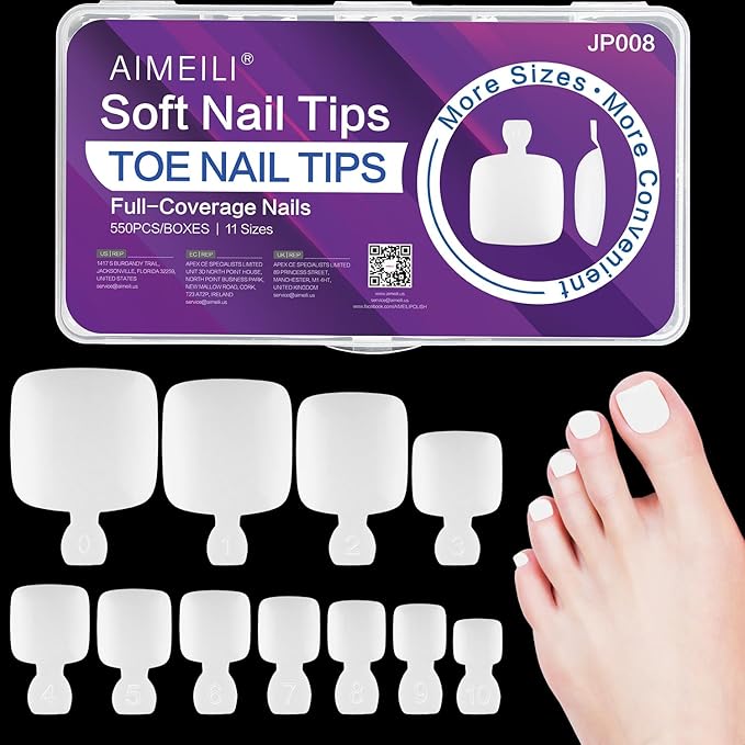 AIMEILI Fake Toenail Tips - 550pcs 10 Sizes White Full Cover Toe Art Nails Gel Nail Extensions for Foot Manicure Women Nail Salons and DIY