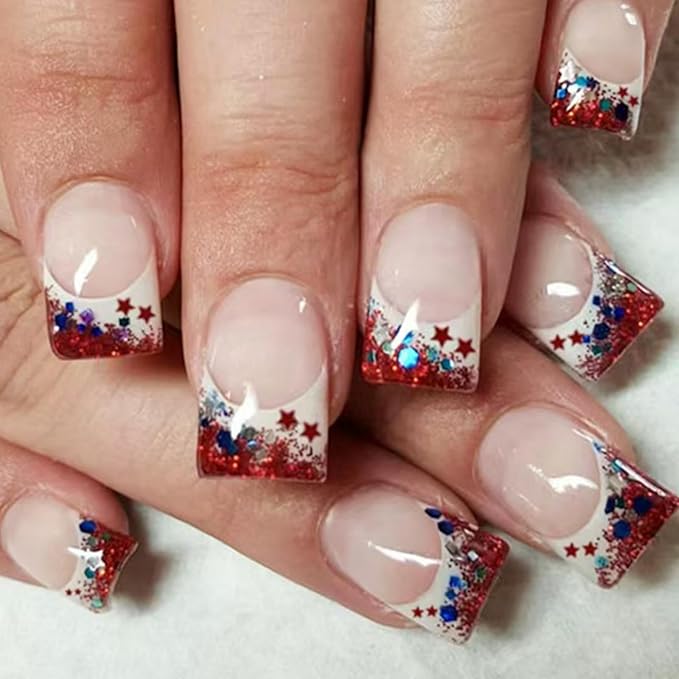 Independence Day Press on Nails Short Square Fake Nails with Star Designs Red White French Tip Stick on Nails Blue False Nail Glitter 4th of July Acrylic Nail for Women Girls Manicure 24Pcs