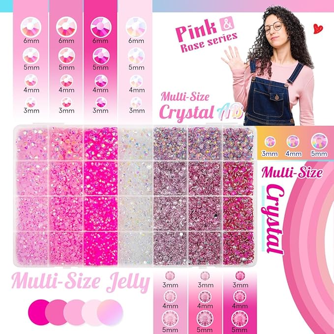 28 Types Pink Jelly Resin Rhinestones for Bedazzling Crafting 3mm-6mm Flatback Colorful Hot Pink Stones Gems Diamonds for Nails Face Eyes Makeup DIY Crafts Tumblers Bottles Clothes Shoes Phones