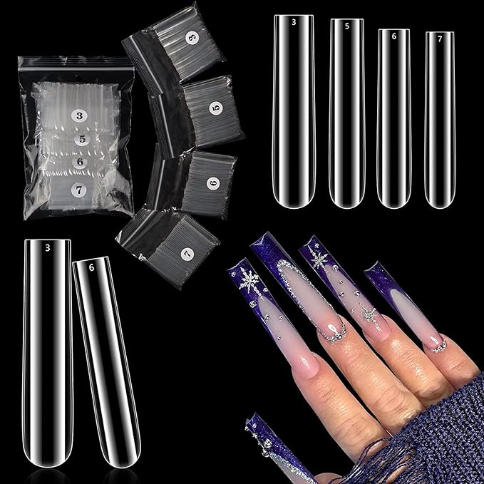 Clear Tapered Square Refill Nail Tips, XXXL Extra Long Straight Gel Acrylic Nail Tips, 200Pcs（Fixed Size No. 3.5.6.7 With Bag）Full Cover No C Curve Fake Nails Extension Tips for DIY Nail Art Salon
